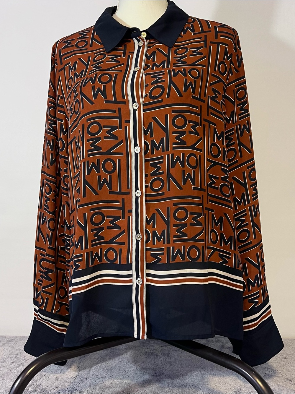 Tommy Hilfiger Rust Brown and Navy Blue Logo Print Long Sleeve Blouse Size L